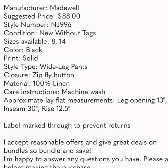 MADEWELL The Harlow Wide-Leg Pant in 100% Linen Black NWT - Picture 11 of 11